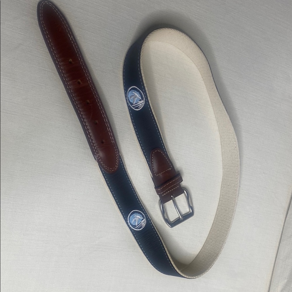 Men’s Golf Belt Embroidered Ducks on 
Navy Nubuck and Brown leather 42” USA